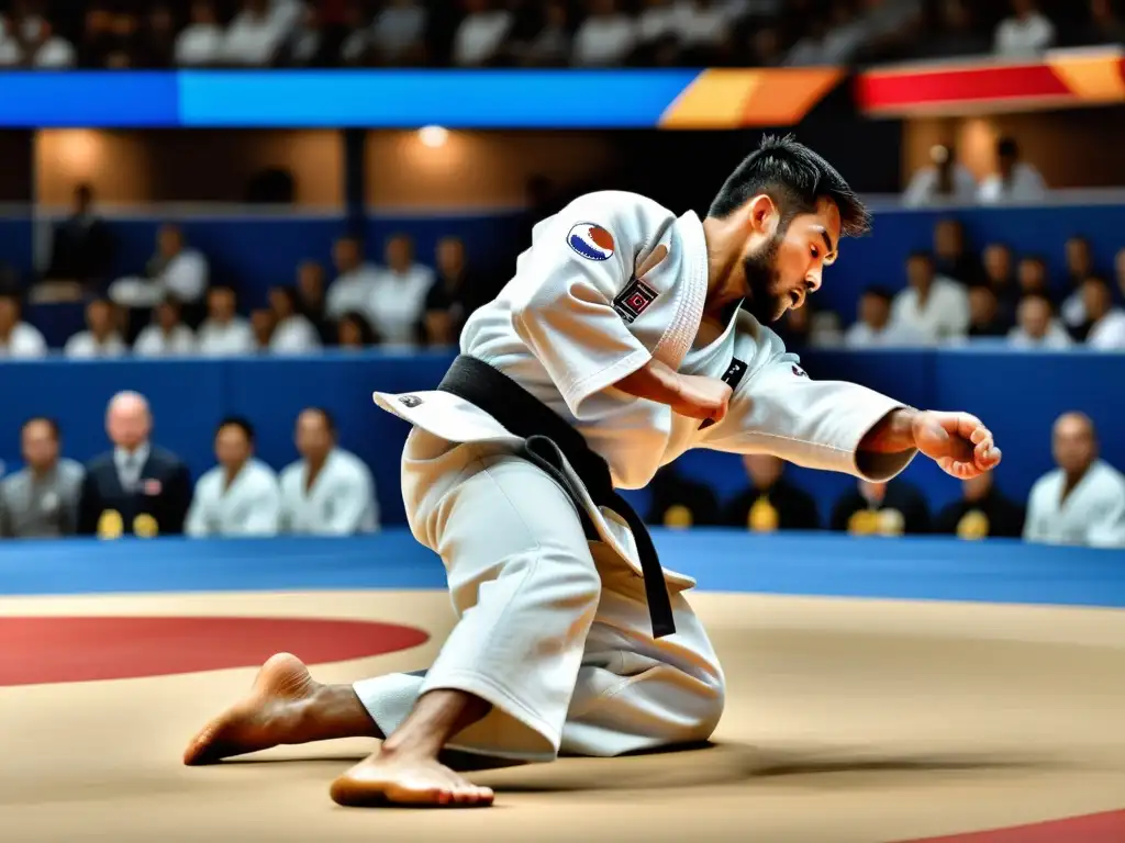 Un judoka experimentado ejecuta con maestría un lanzamiento ipponseoinage durante una competencia, mostrando técnica, enfoque y determinación