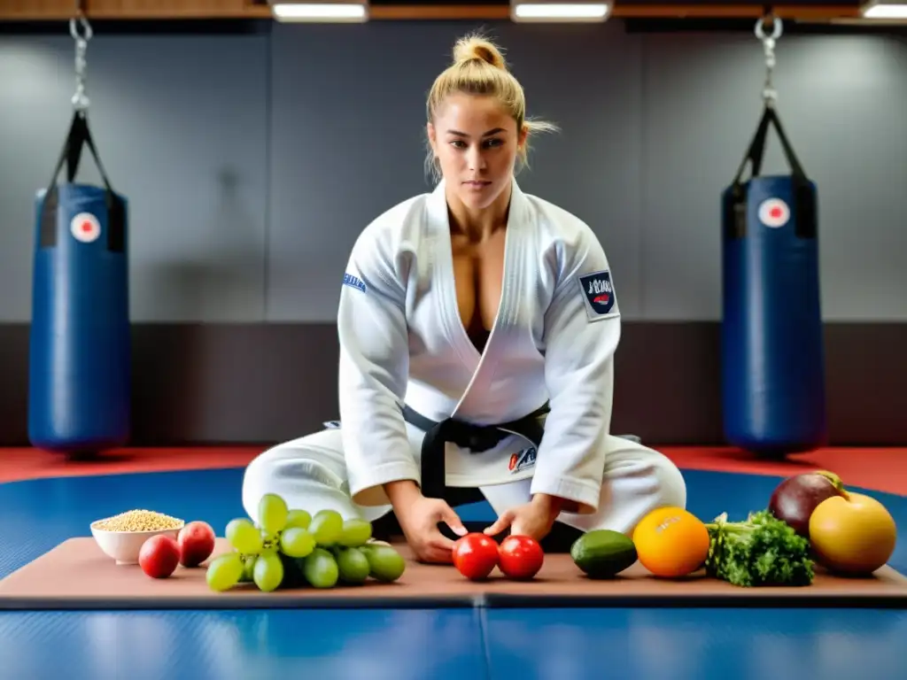 Judoka en gimnasio con alimentos nutritivos, entrenando con determinación y recibiendo asesoramiento de un profesional