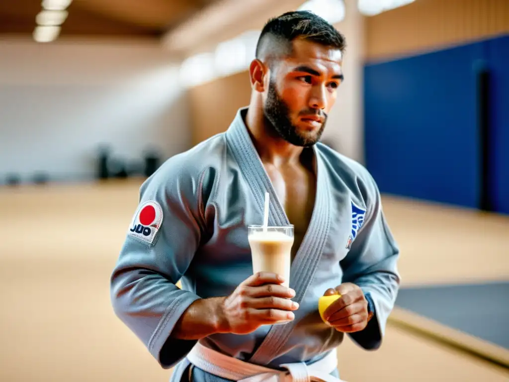 Un judoka en el gimnasio, tomando un batido de proteínas rodeado de suplementos y productos nutricionales