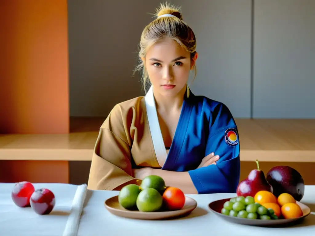 Un judoka se sienta a la mesa con una comida balanceada y colorida