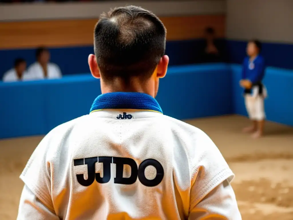 Un judoka con los músculos tensos y cubierto de sudor y suciedad, reflejando la intensidad del entrenamiento de judo