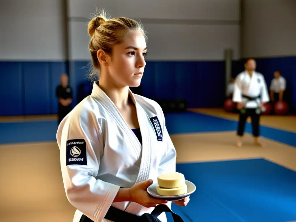 Un judoka se prepara con una nutrición para ganar masa muscular en el gimnasio, con su entrenador brindando apoyo