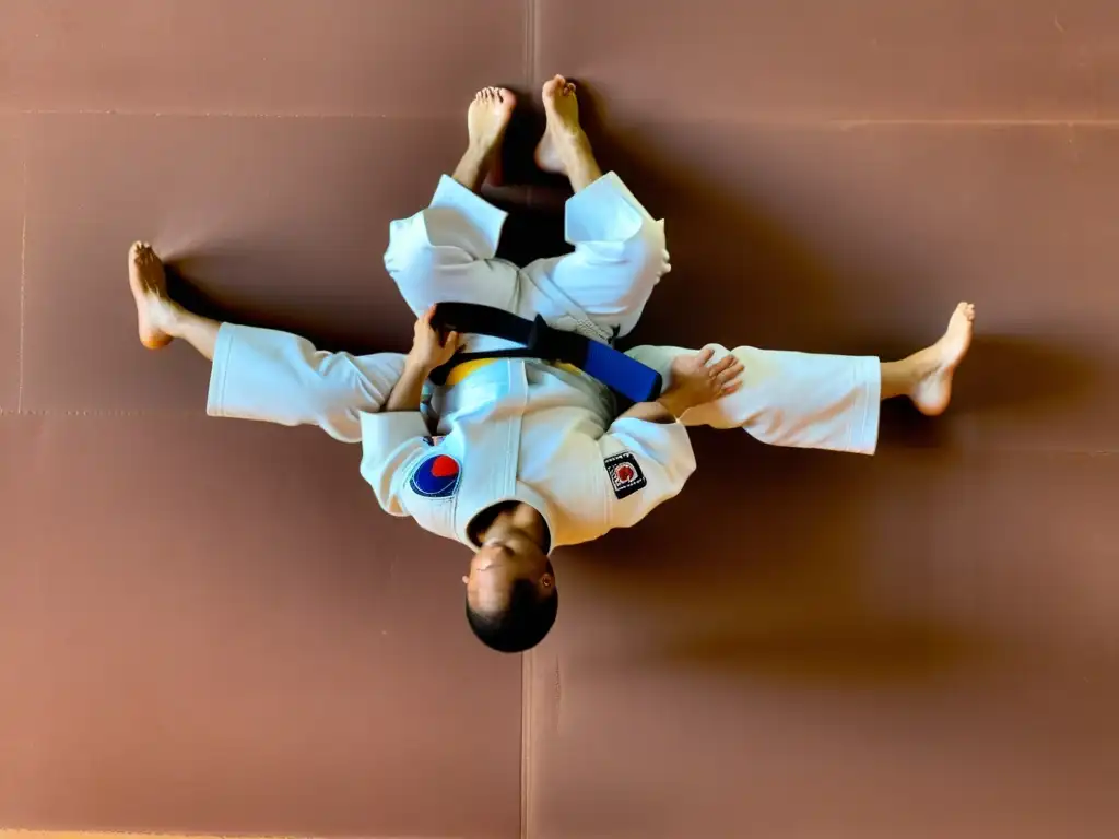 Un judoka en pleno salto con expresión determinada, vistiendo un judogi blanco