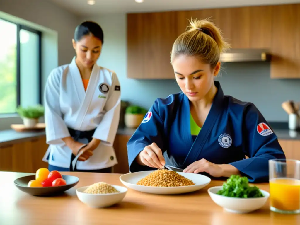 Un judoka se concentra en medir porciones de alimentos saludables en una cocina luminosa, mientras recibe orientación de un nutricionista