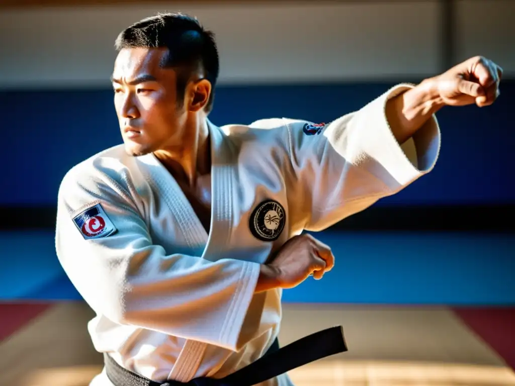 Un judoka ejecuta un potente lanzamiento en el dojo, destacando su brazo musculoso y la determinación en su rostro