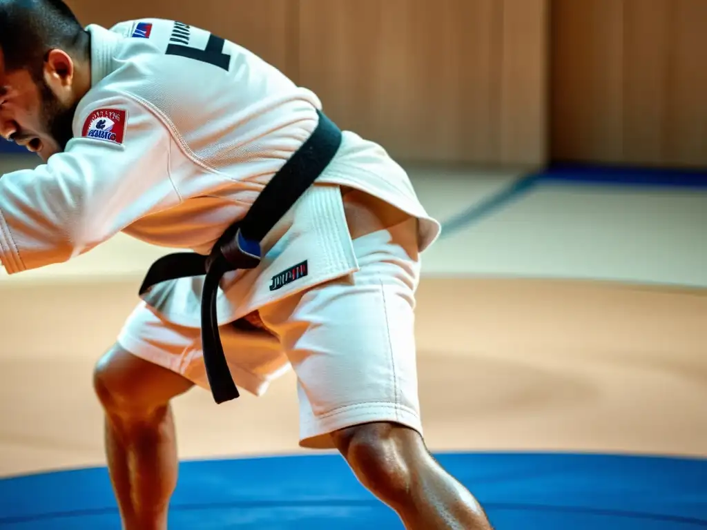 Un judoka ejecuta un potente lanzamiento, mostrando determinación y fuerza