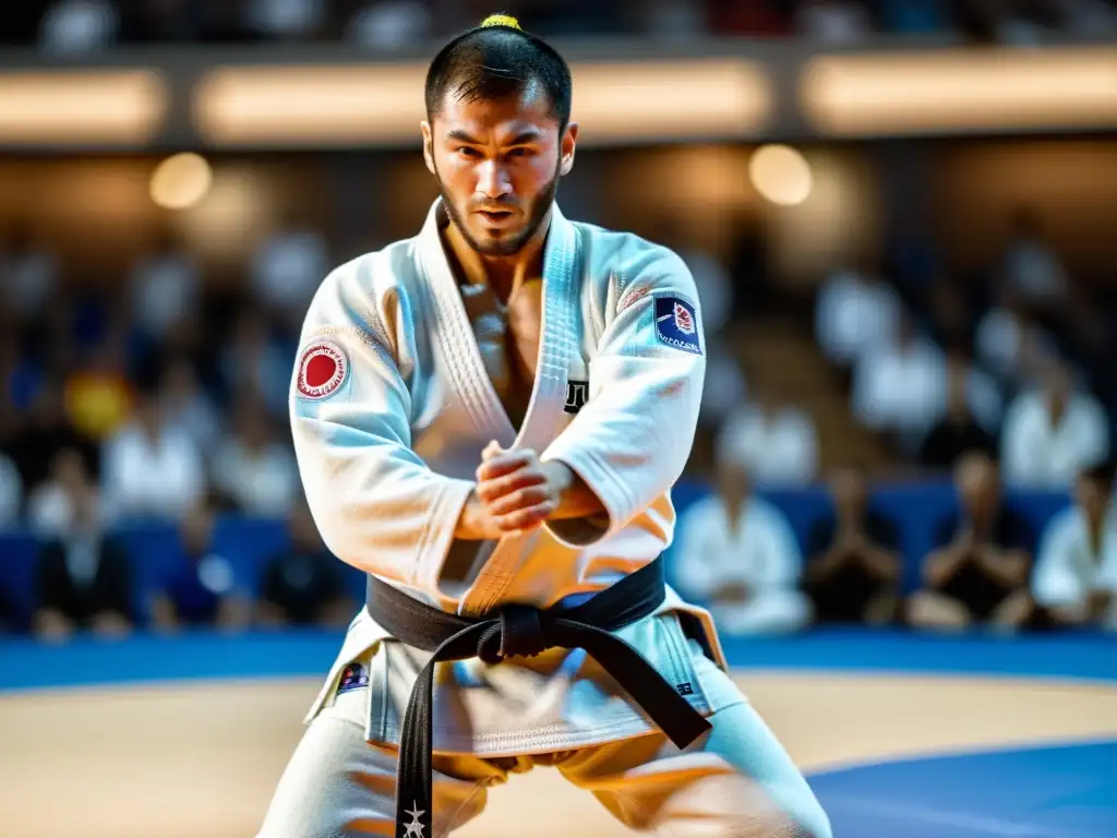 Un judoka en acción ejecutando un potente lanzamiento en un intenso combate