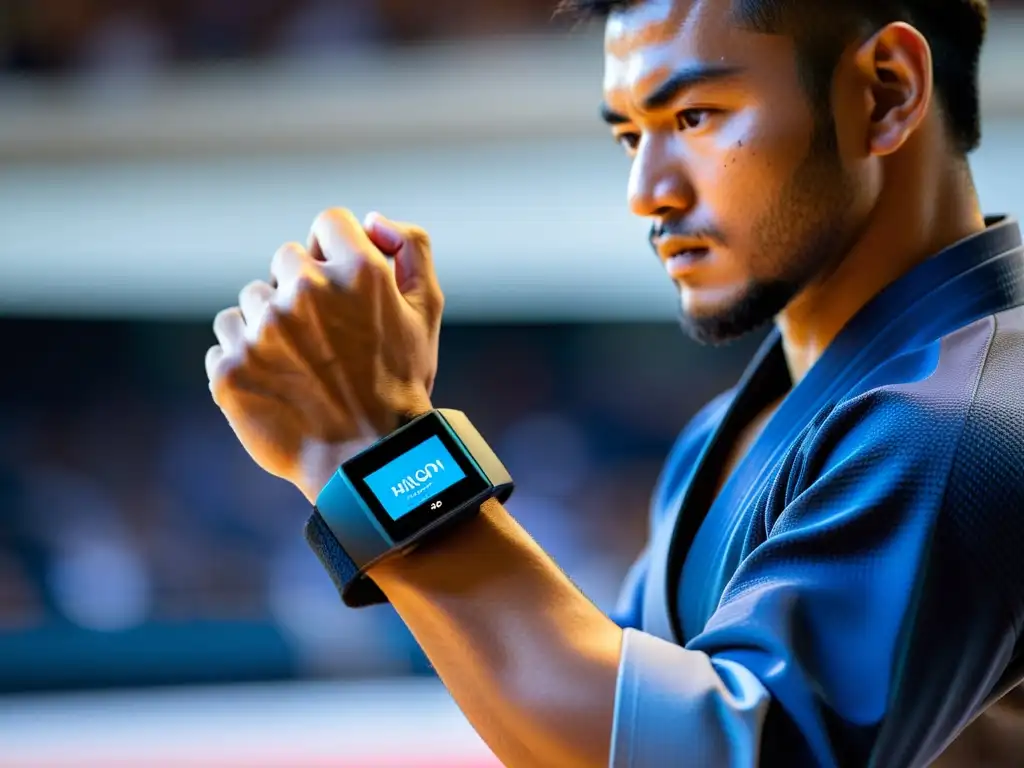 Un judoka ejecuta un preciso lanzamiento, con tecnología wearable para perfeccionar judo, en un dojo lleno de practicantes