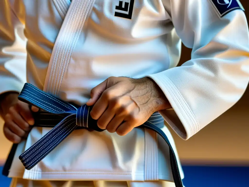 Un judoka profesional ajustando su impecable gi de competición, destacando la artesanía y precisión de los mejores gi judo competidores