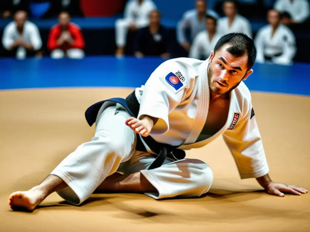 Un judoka profesional ejecuta un potente lanzamiento en competición, mostrando fuerza y agilidad