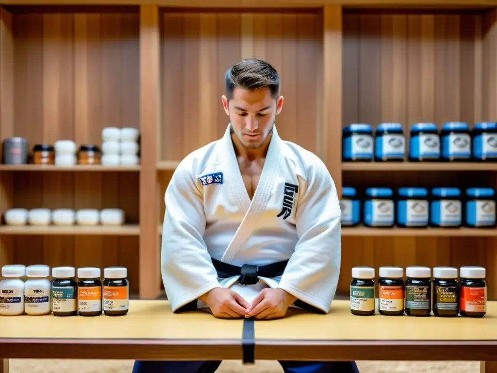 Un judoka profesional selecciona suplementos para la recuperación muscular postentrenamiento en un dojo tradicional