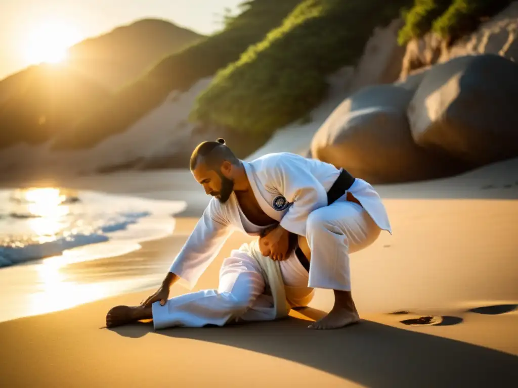 Yogi en meditación y judoka mostrando técnica en playa soleada