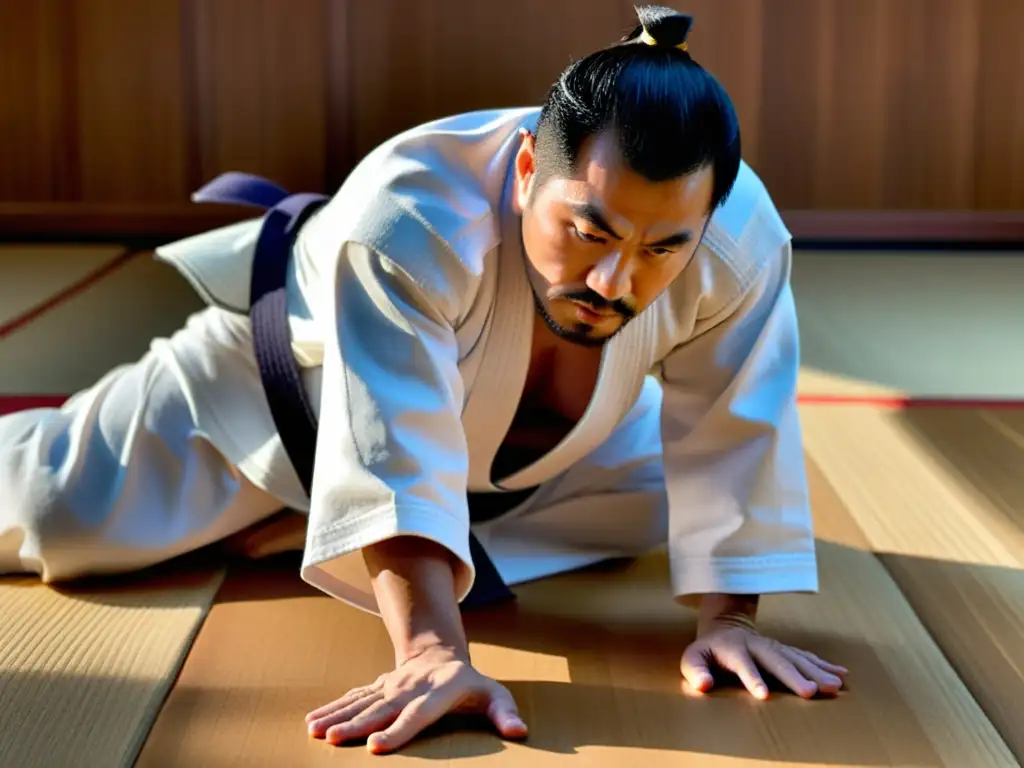 Kanō Jigorō ejecuta una técnica de judo en un dojo tradicional, destacando el legado y la atmósfera de disciplina del Kodokan Judo