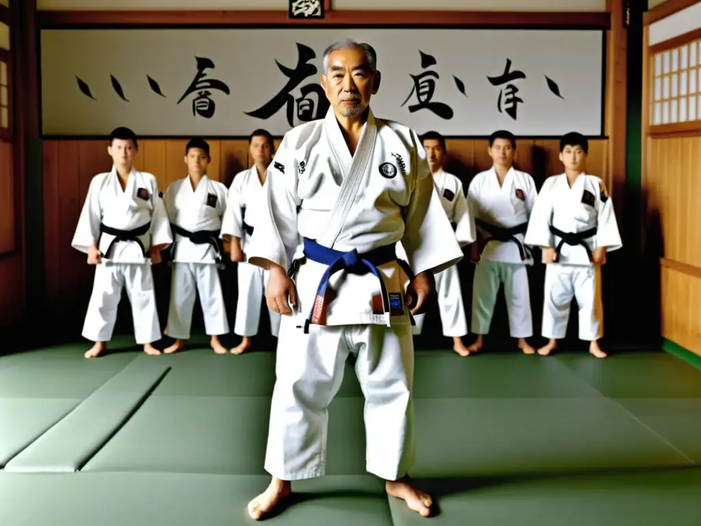 Jigoro Kano observa con sabiduría a sus estudiantes practicando técnicas de Judo en un dojo japonés tradicional