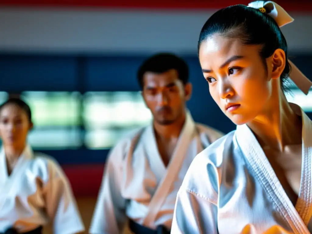 Mirada de determinación: karateka concentrado en el dojo Un karateka concentrado en combate, con fortaleza mental en su rostro