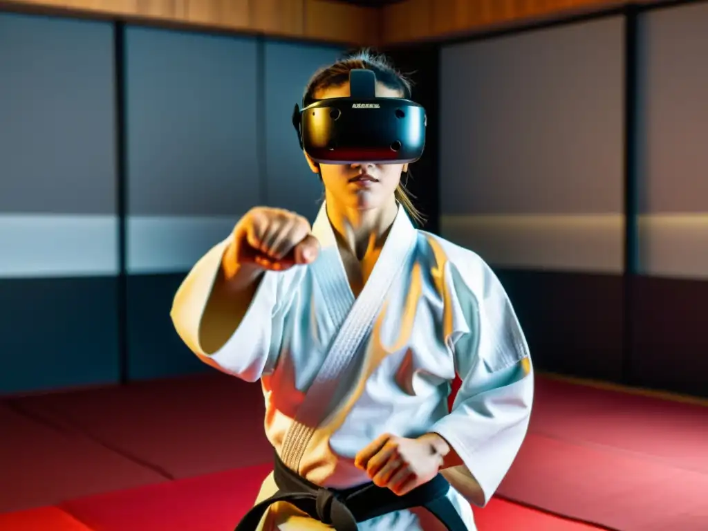 Un karateka concentrado realiza un kata en realidad virtual con simuladores VR para perfeccionar katas