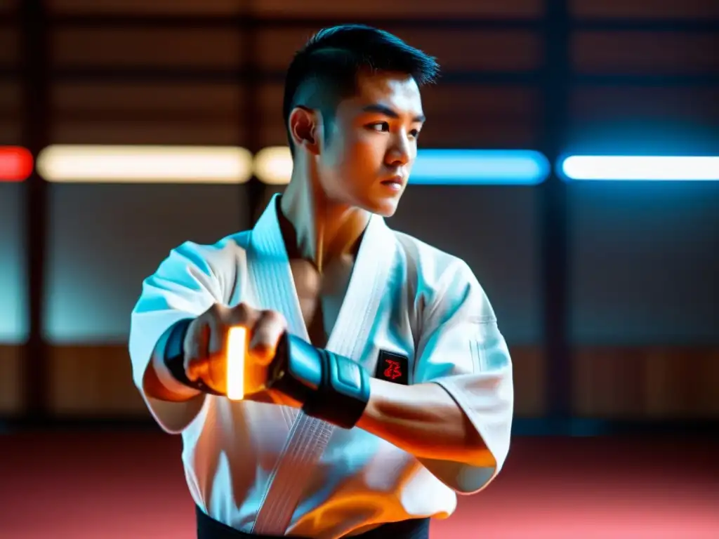 Un karateka en un dojo tradicional realiza un golpe perfecto con una herramienta tecnológica futurista en la muñeca