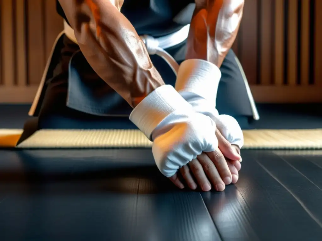 Un karateka envuelto en vendas blancas agarra un tonfa negro en un dojo, mostrando determinación y disciplina