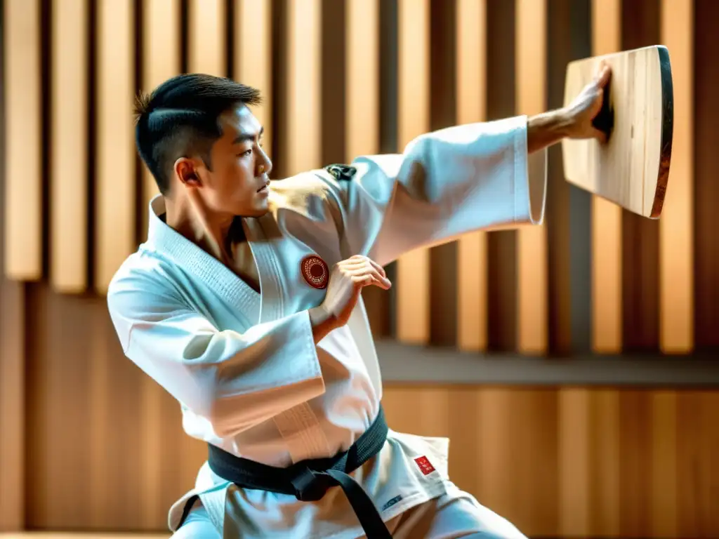 Un karateka habilidoso rompe con precisión un tablero de rompimiento reutilizable, mostrando fuerza y determinación