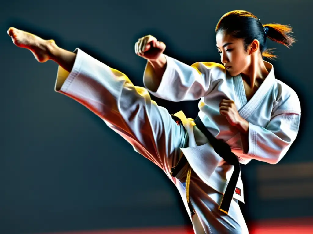 Un karateka ejecuta un impecable patada alta con concentración intensa