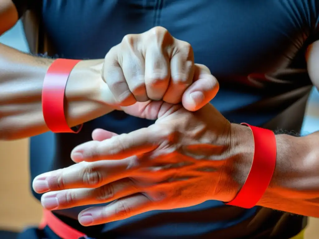 Un karateka envuelve con precisión sus manos en cinta protectora roja, mostrando determinación y prevención de lesiones en Karate