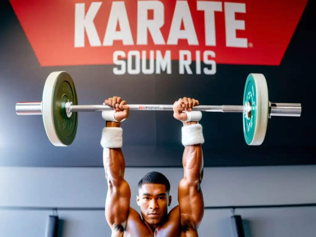 Un karateka se prepara para levantar pesas en un gimnasio, mostrando determinación y fuerza