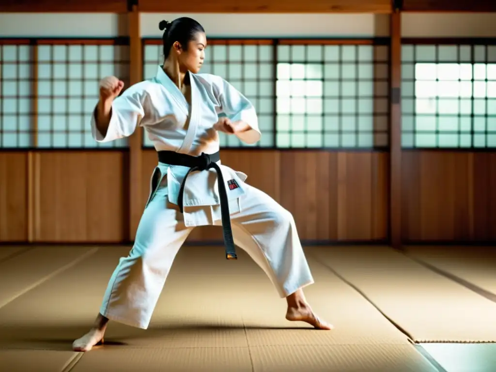 Un karateka ejecuta un potente golpe giratorio con precisión en un dojo iluminado por la luz natural