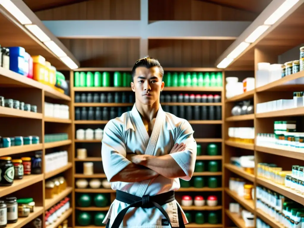 Un karateka profesional se prepara con determinación en un dojo, rodeado de suplementos de proteínas