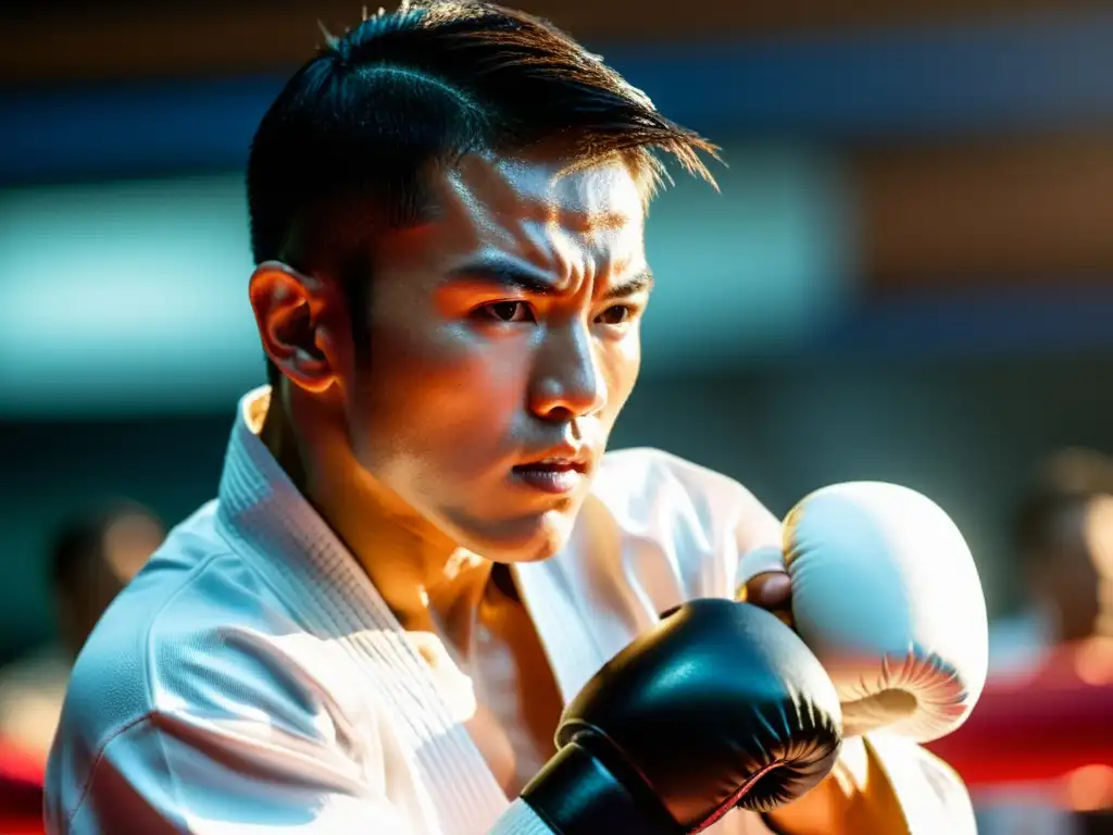 Un karateka profesional ejecuta una potente patada, con determinación y fuerza, en un dojo lleno de camaradería