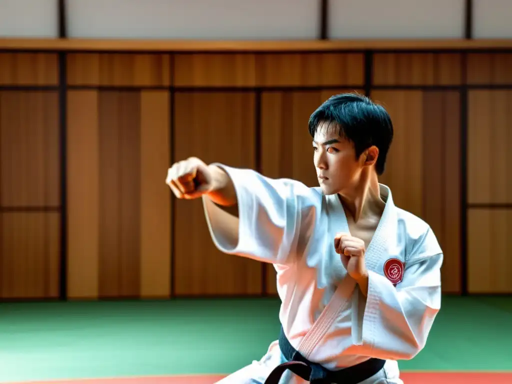 Un karateka rompe un tablero reutilizable en el dojo, mostrando fuerza y concentración