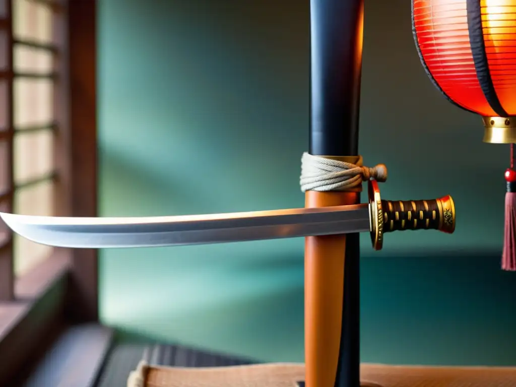 Una katana artesanal descansa sobre un soporte de armadura samurái