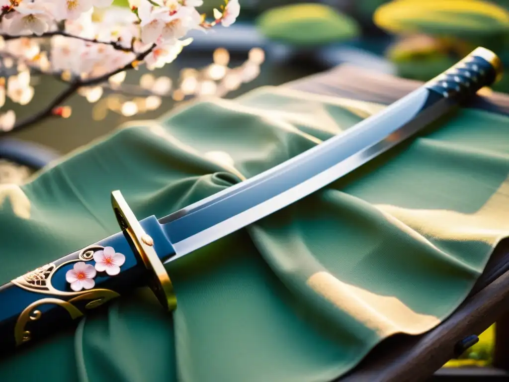 Un katana japonés tradicional con carvings intrincados y empuñadura de seda tsukaito