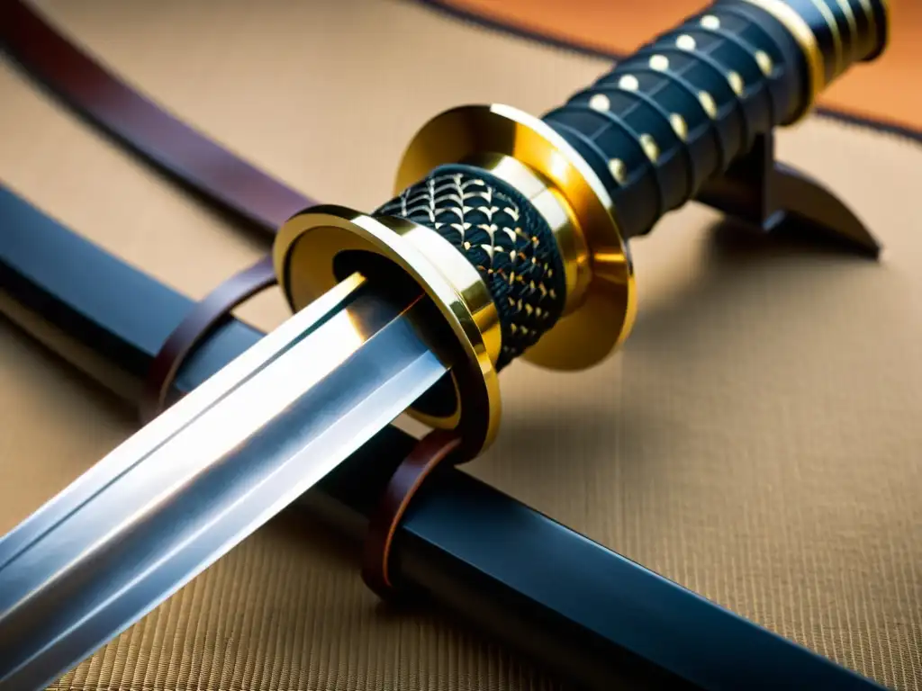 Una katana japonesa detallada, con reflejos de luz natural y un dojo borroso al fondo, capturando la cultura y disciplina del kendo