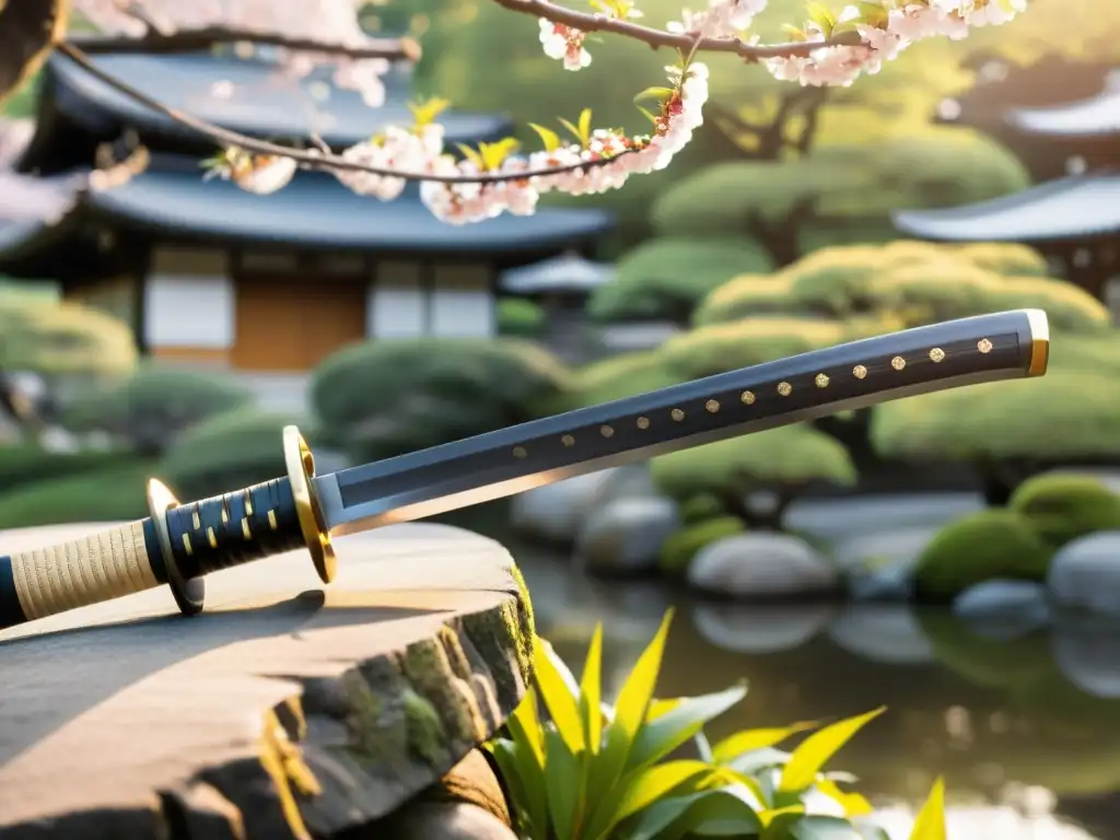 Una katana japonesa descansa sobre un fondo de jardín zen, con cerezos en flor