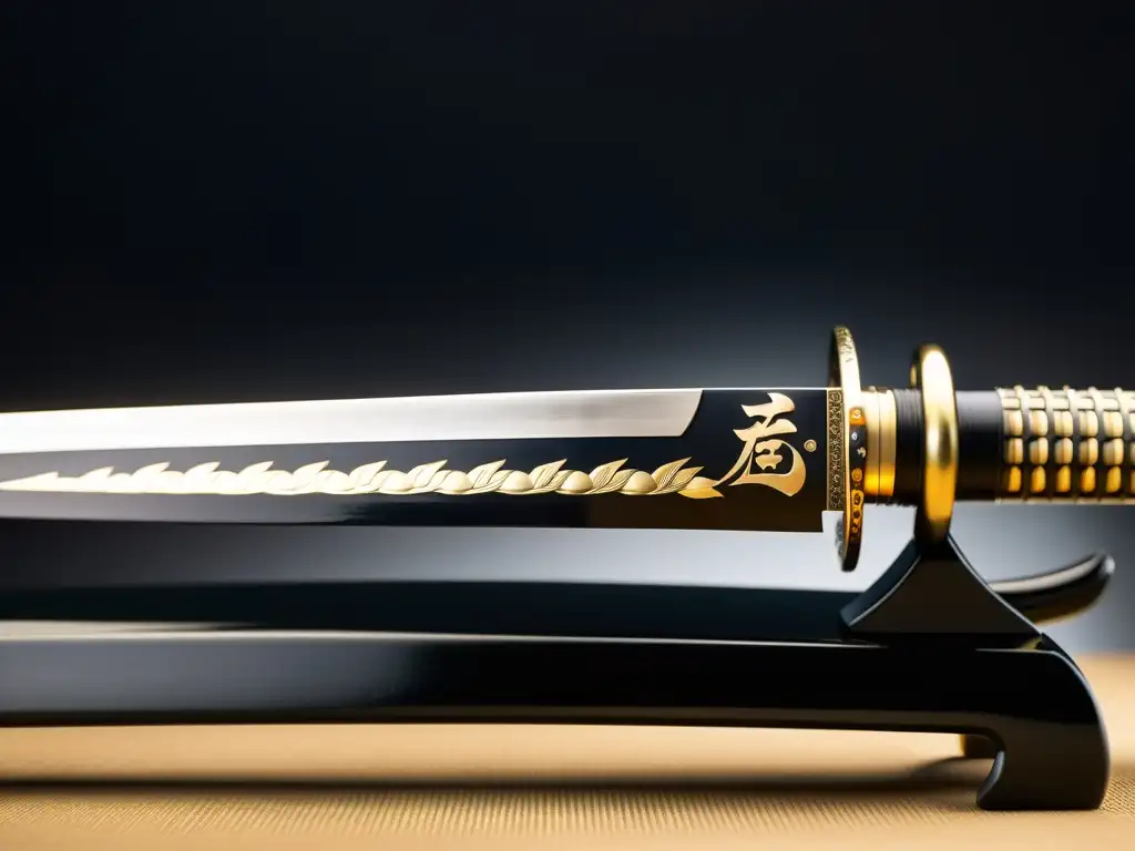 Una katana japonesa tradicional reposa en un soporte negro lacado, con kanji adornando la hoja