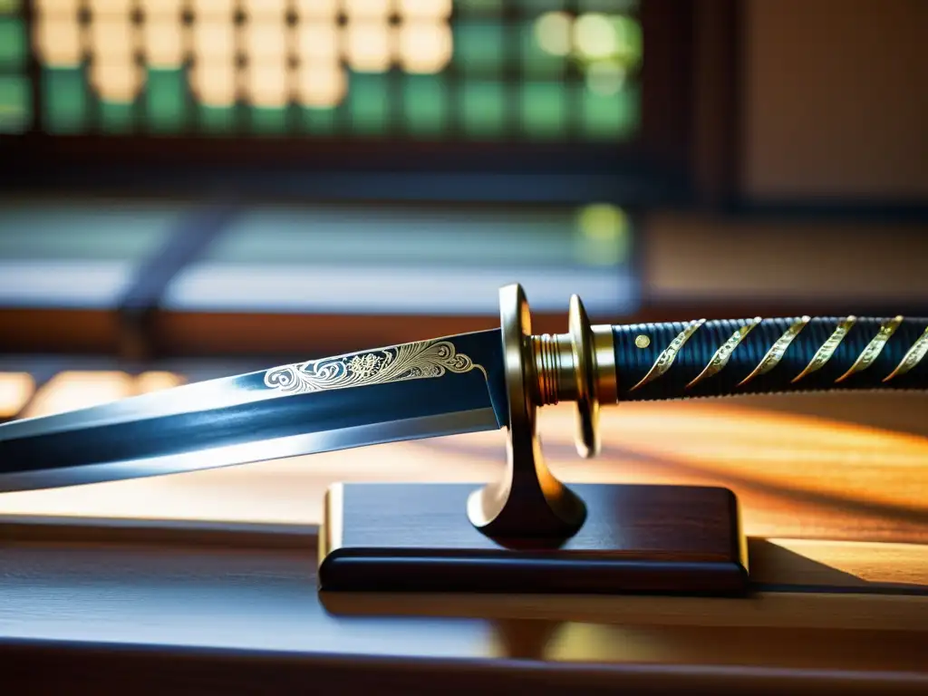 Una katana descansa sobre un soporte de madera pulida, con patrón de acero y detalles intrincados