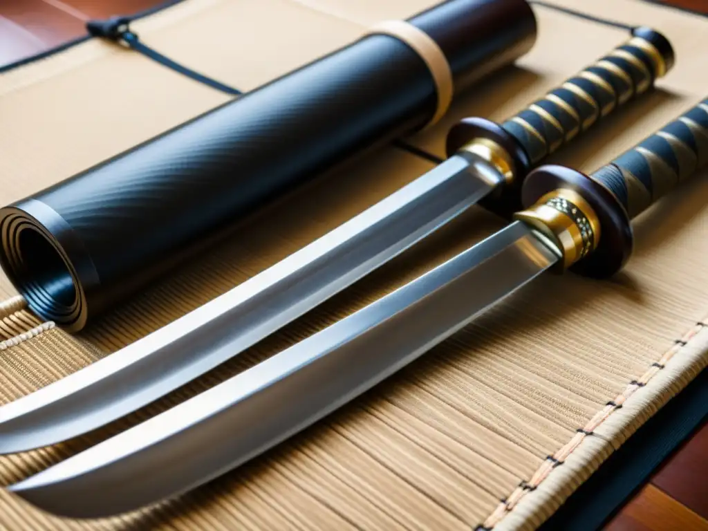 Dos katanas en tatami japonés, detalladas y pulidas, iluminadas por luz natural en un dojo tradicional