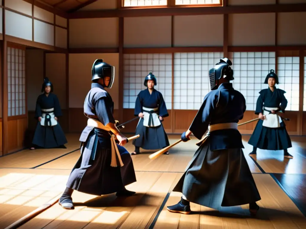 Práctica del Kendo y disciplina: Combate de kendo en dojo tradicional, con luz natural y sombras dramáticas, exudando respeto y disciplina