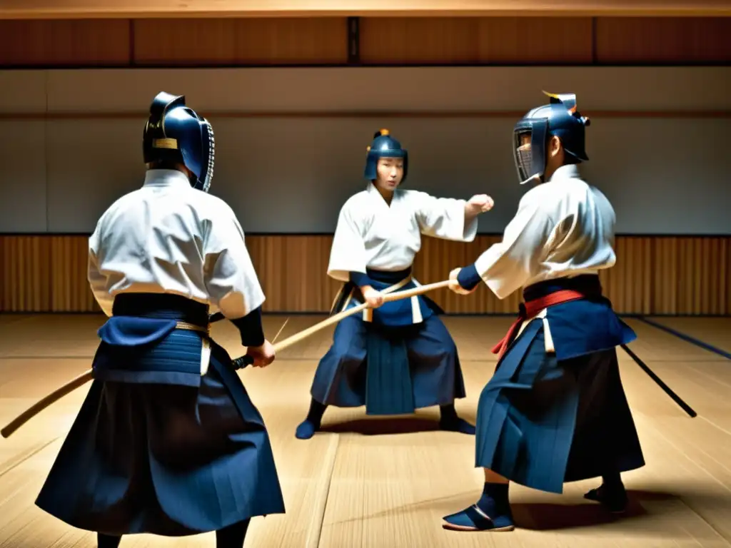 Práctica del Kendo y disciplina: Grupo concentrado de practicantes de kendo en un dojo tradicional, comprometidos en un combate de entrenamiento