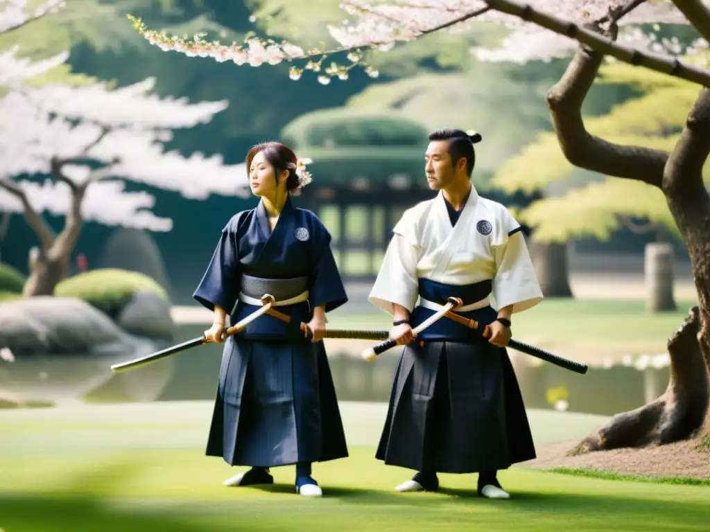 Práctica de kendo en jardín japonés con cerezos en flor