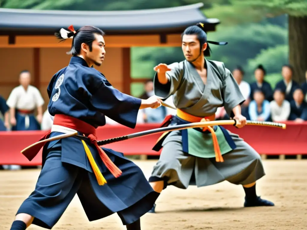 Representación del Kenjutsu en Festivales Japoneses: Demostración dinámica de samuráis hábiles en trajes tradicionales, con movimientos fluidos y expresiones de determinación