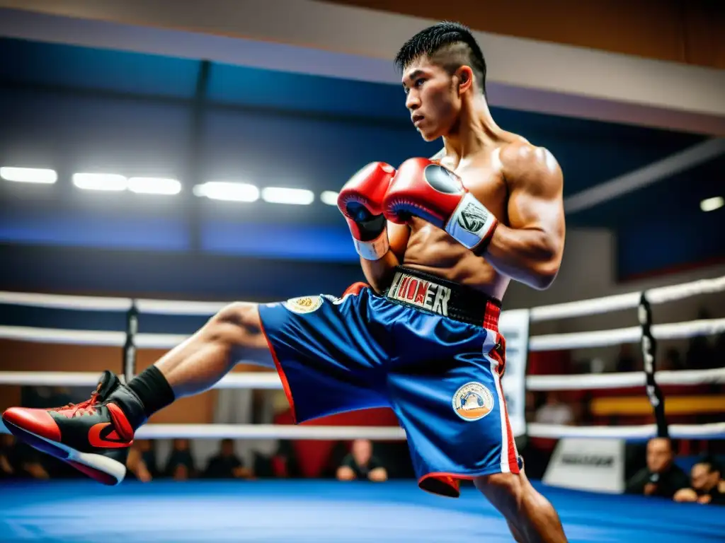 Un kickboxer experto en el ring, luciendo unos vibrantes pantalones de kickboxing y muay thai que combinan arte y funcionalidad