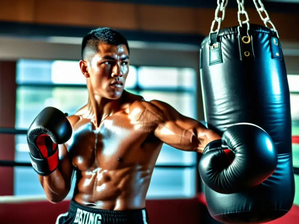 Un kickboxer profesional con guantes de boxeo golpea almohadillas de entrenamiento para Kickboxing, mostrando determinación y fuerza