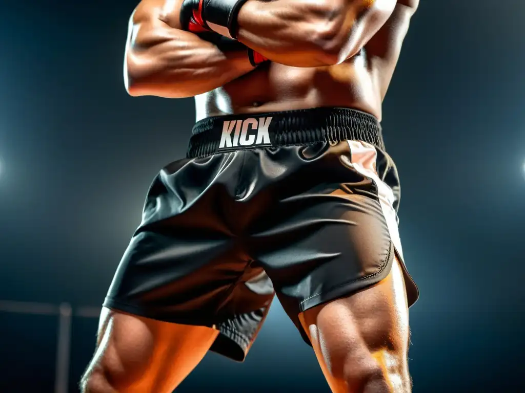 Un kickboxer profesional con shorts negros, expresión determinada