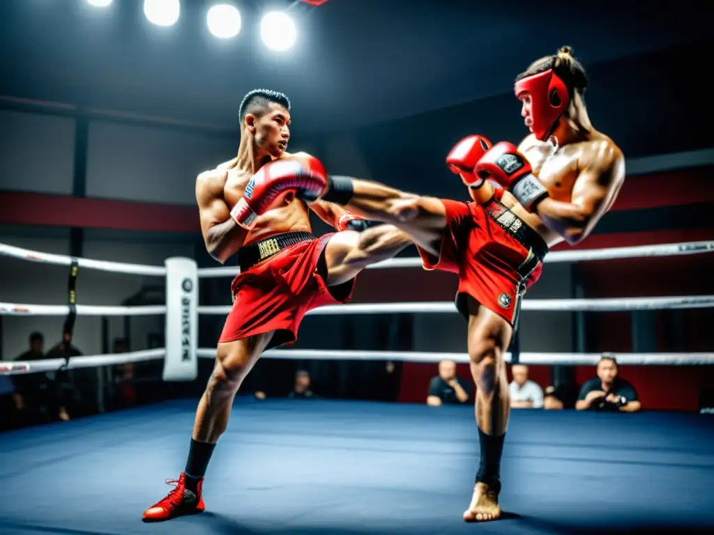 Un kickboxer profesional lanza una patada demoledora a almohadillas de entrenamiento para Kickboxing, mostrando intensidad y técnica