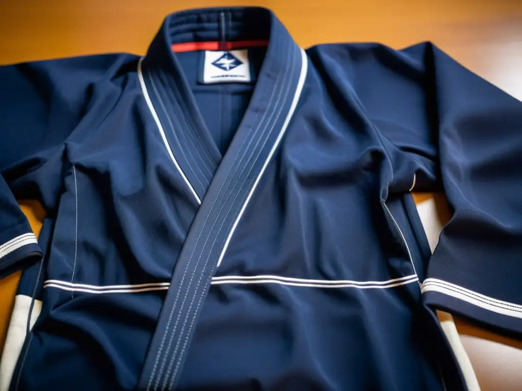 Un kimono de Brazilian JiuJitsu desgastado pero resistente en azul marino, evocando autenticidad y dedicación en la disciplina de las artes marciales