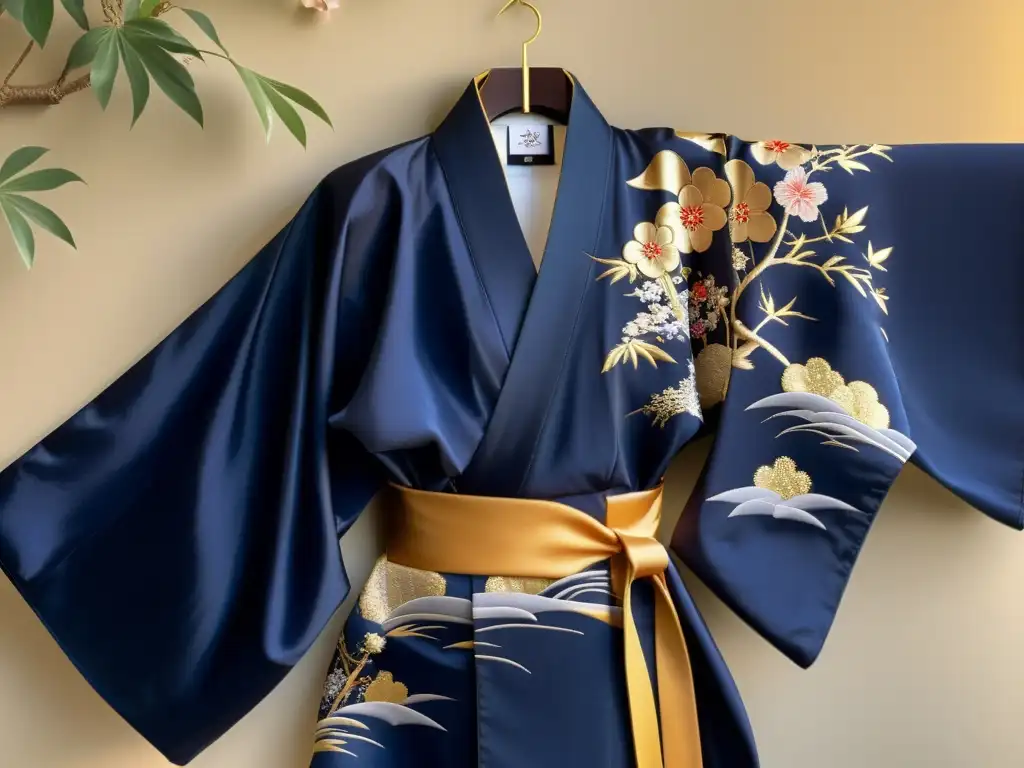 Kimono japonés con bordados intrincados en índigo y oro, con motivos marciales elegantes