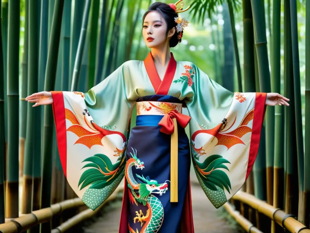 Un kimono japonés tradicional con bordados intrincados y un llamativo motivo de dragón, exhibido en un bosque de bambú sereno