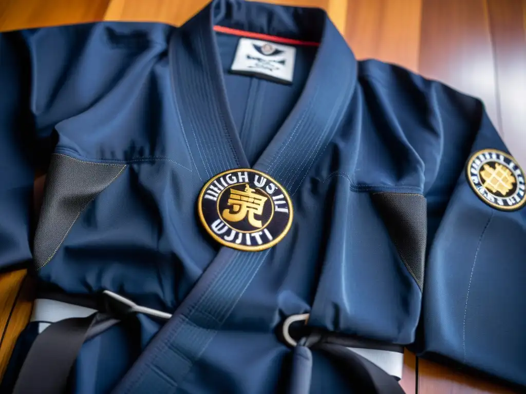 Un kimono de JiuJitsu de alta calidad con sello oficial en primer plano, destacando su artesanía y durabilidad