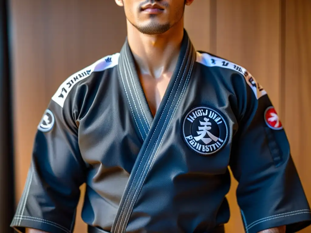 Un kimono negro de JiuJitsu con sello oficial en el pecho, usado por un practicante enfocado en la competencia